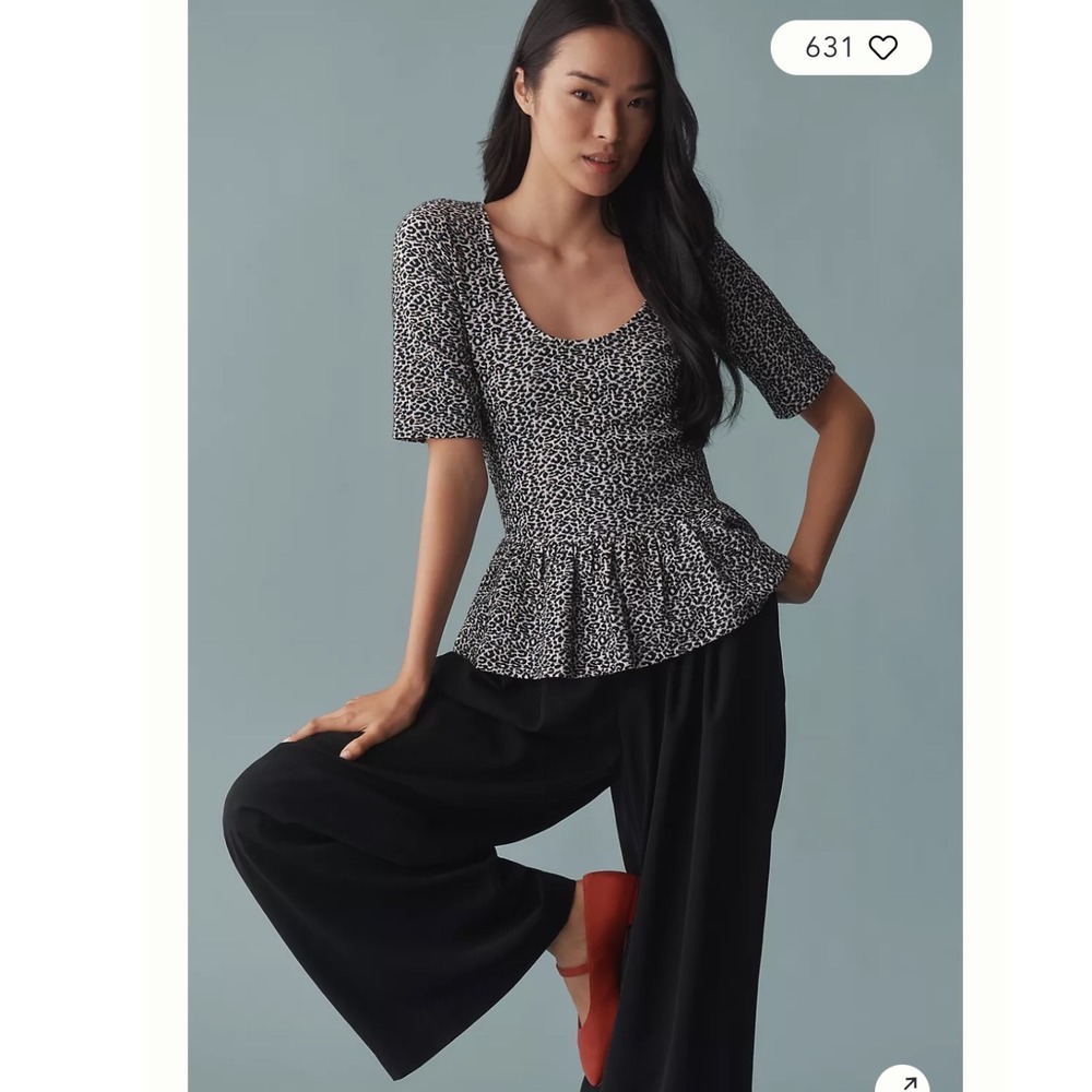 Maeve‎ Anthropologie Peplum Scoop Neck Knit Top Small leopard print minimalist